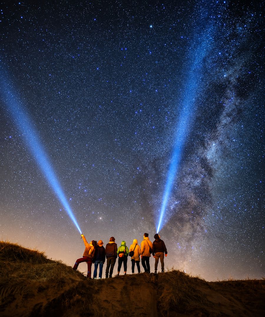 Grupo mirando el cielo lleno de estrellas